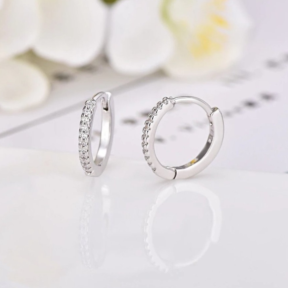 NEW 925 Sterling Silver Diamond Hoop Earrings - Picture 3 of 7